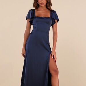Lulus Ultimate Sweetness Navy Blue Satin Flutter Sleeve Maxi Dress - Size S